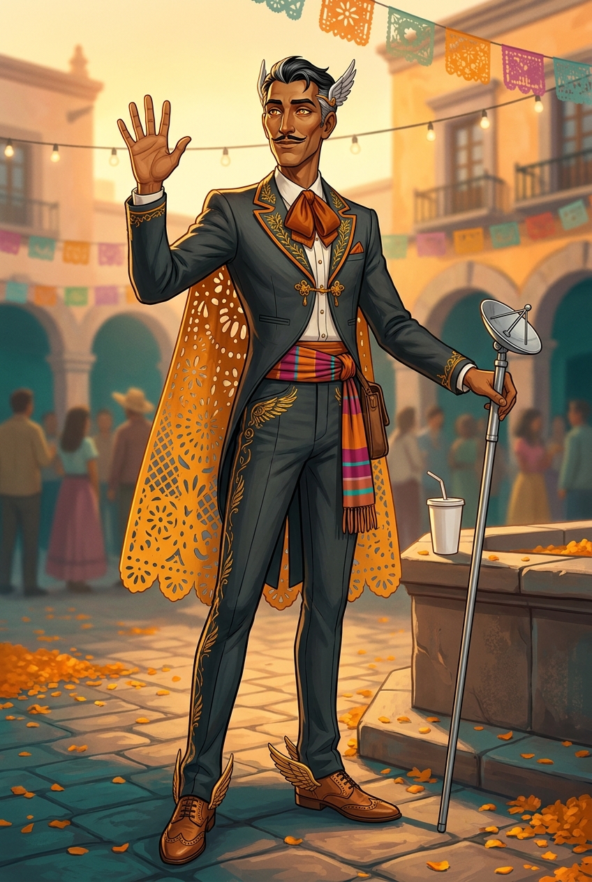 Señor Hermes Fiesta: a tall, slender man in a charcoal tailcoat with marigold piping, a serape sash at his waist, a silver winged circlet, a pencil mustache, a silver staff topped with a satellite dish, and a cape of marigold papel picado paper, standing in a plaza at golden hour.