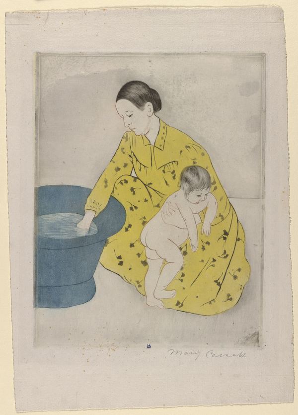 Cassatt, The Bath: a woman washing a small child, in flat yellow, blue and grey.