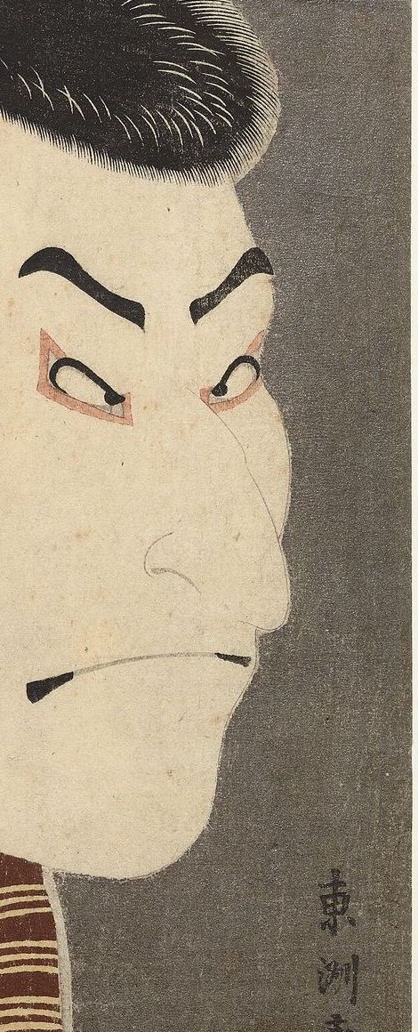 Detail of a Sharaku actor portrait: heavy brows angled into a scowl, eyes narrowed with reddened lids, thick black hair, against a speckled dark ground.