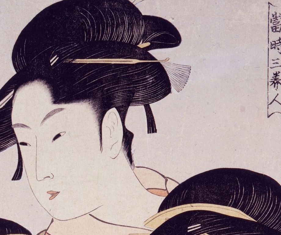 Detail of Utamaro's Three Beauties: a woman's face in near-profile with a high hairline, fine hairpins, and layered kimono collars.
