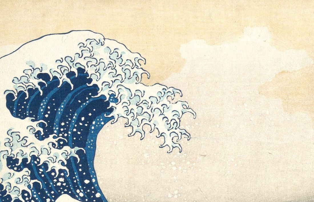 Detail of the crest of the Great Wave: foam breaking into clawed, hooked tendrils with three or four digits each, over deep indigo.