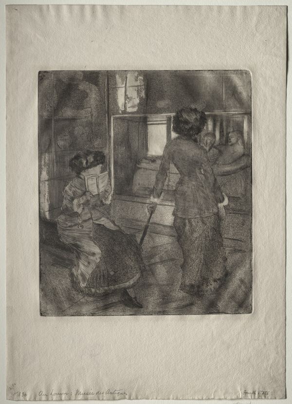 Degas, Mary Cassatt at the Louvre: two women, one seated reading and one standing with a parasol, on a tall narrow sheet.