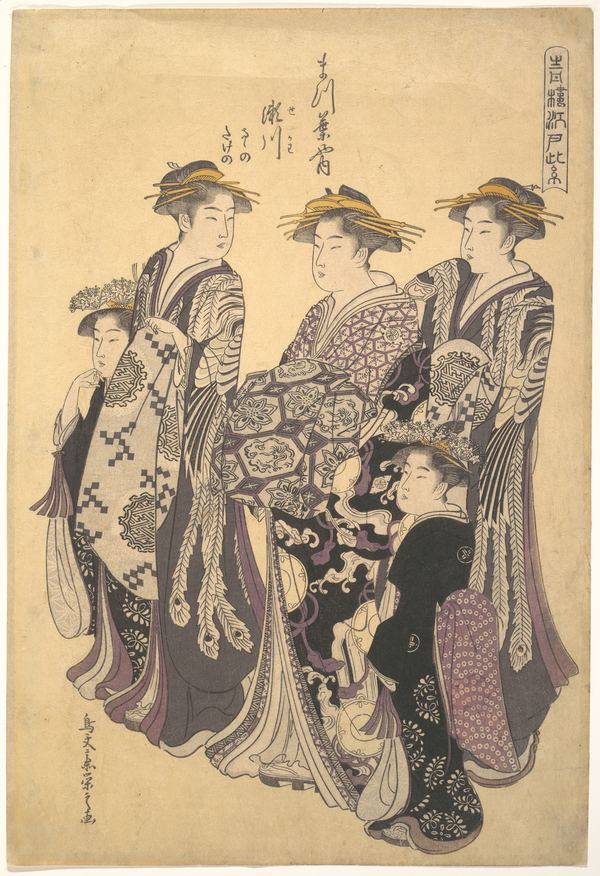 Hosoda Eishi, a group of courtesans and two small attendant girls against a blank ground, with a cartouche naming the pleasure quarter.