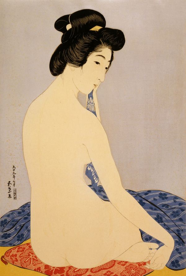 Hashiguchi Goyō, Woman after Bath: a full-length figure seen from behind, drying herself, in pale skin tones and a patterned robe.