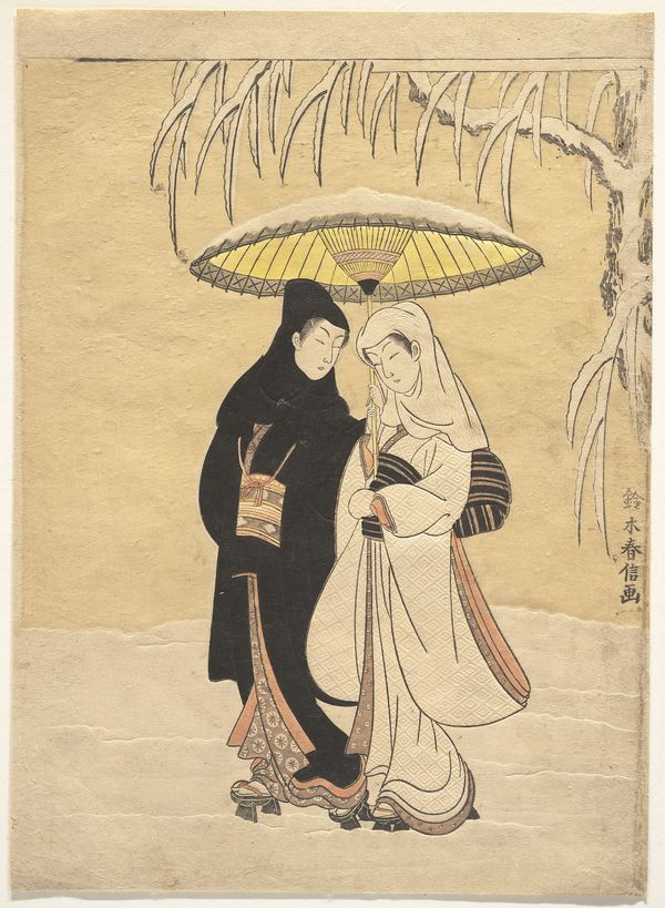 Suzuki Harunobu, two figures sharing one umbrella in the snow, in a restrained palette of black, white, cream and gold.
