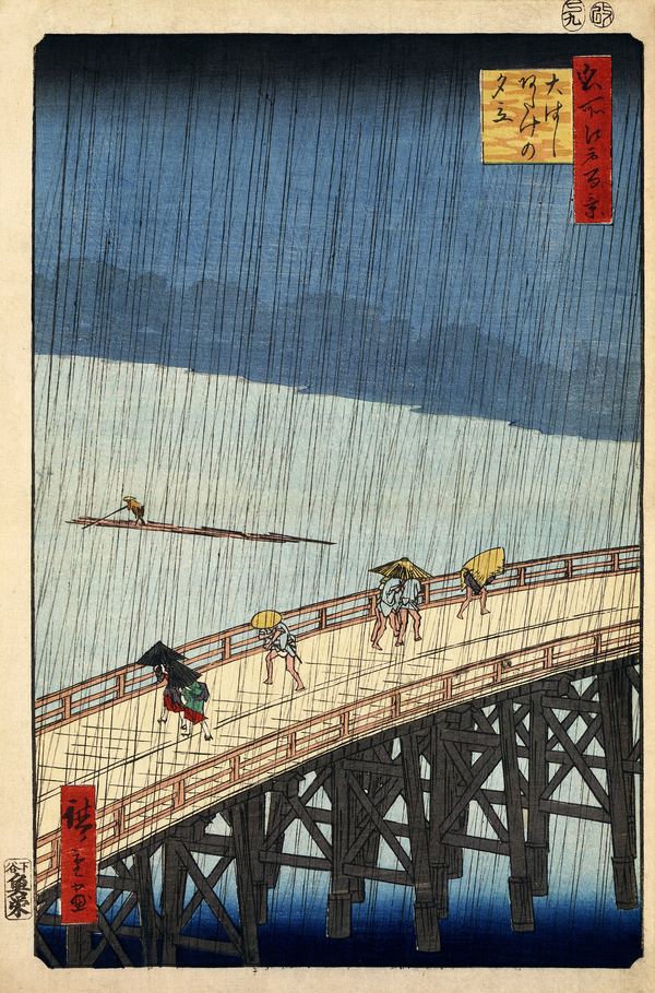Hiroshige, a sudden summer shower over a bridge, drawn as a screen of fine diagonal rain lines over a dark sky.