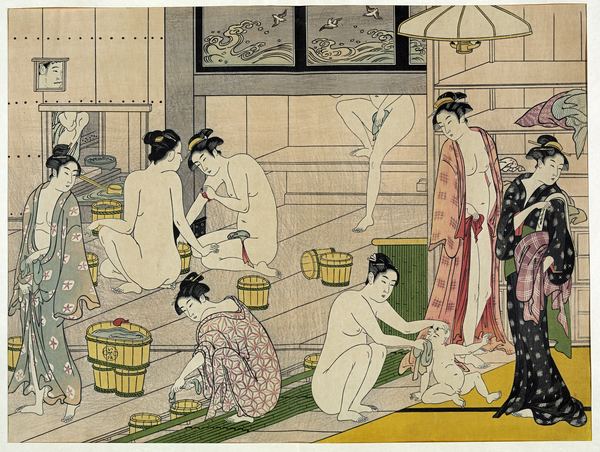 Torii Kiyonaga, Women at a bathhouse: about ten figures washing, dressing and minding a baby in a wooden bathhouse with a wave-carved transom.