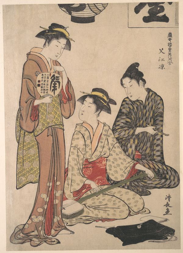 Torii Kiyonaga, elegant women taking the evening cool on a balcony over the water at Nakasu.
