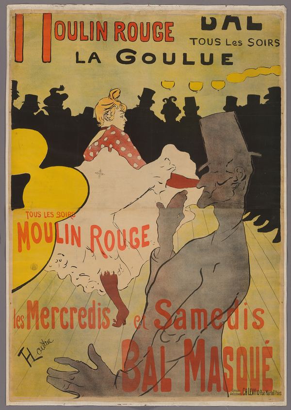 Lautrec's Moulin Rouge poster: a dancer in white, a grey figure in a top hat, a black crowd silhouette and a large red M.