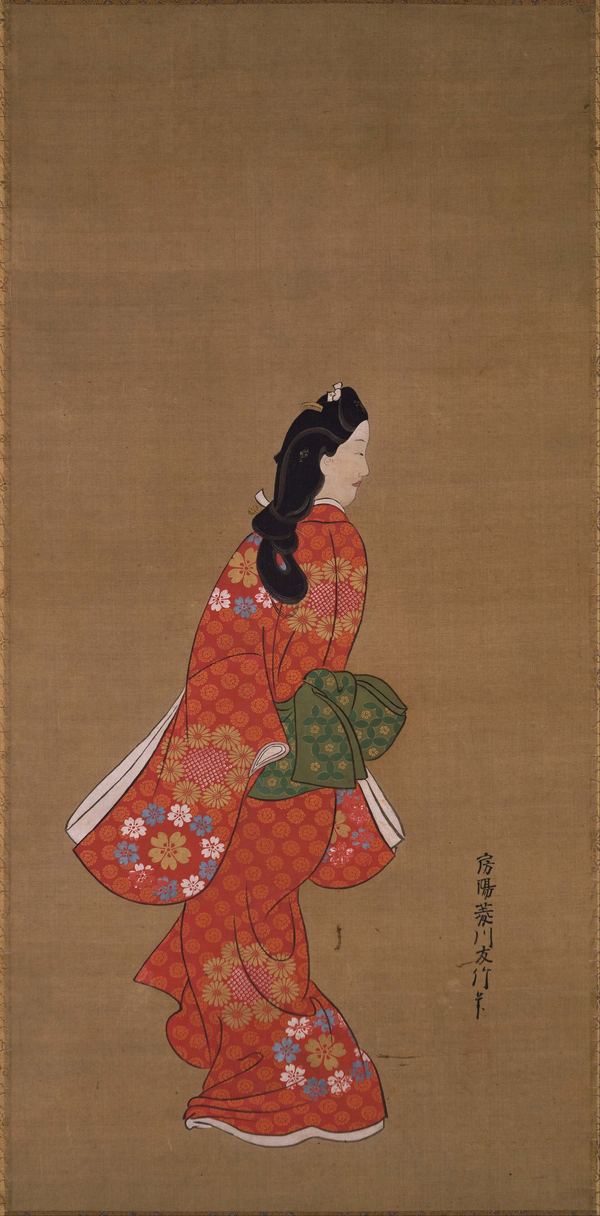 Hishikawa Moronobu, Beauty Looking Back: a woman in a red patterned kimono, head turned, against an almost empty silk ground.
