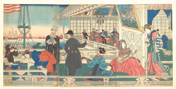 Sadahide, a triptych showing foreign merchants and their households in the open port of Yokohama.