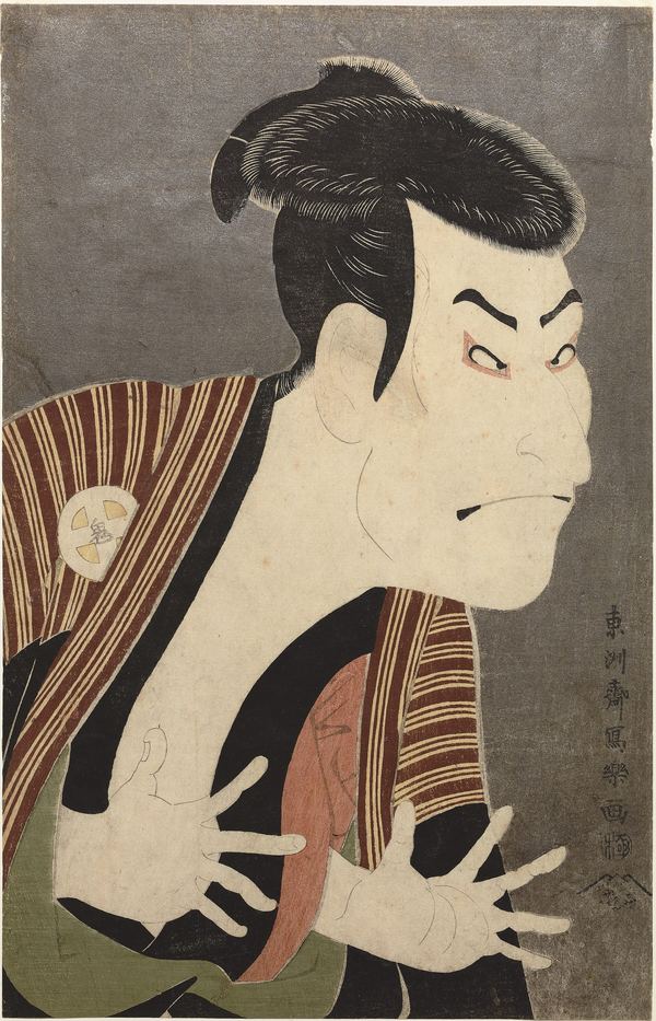 Sharaku, the actor Ōtani Oniji III as Yakko Edobei: a heavy-jawed man in a striped robe, fingers splayed like claws, against a dark mica ground.