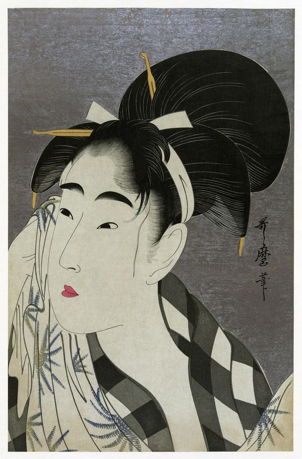 Utamaro, Woman Wiping Sweat: a head-and-shoulders portrait of a young woman pressing a cloth to her face.