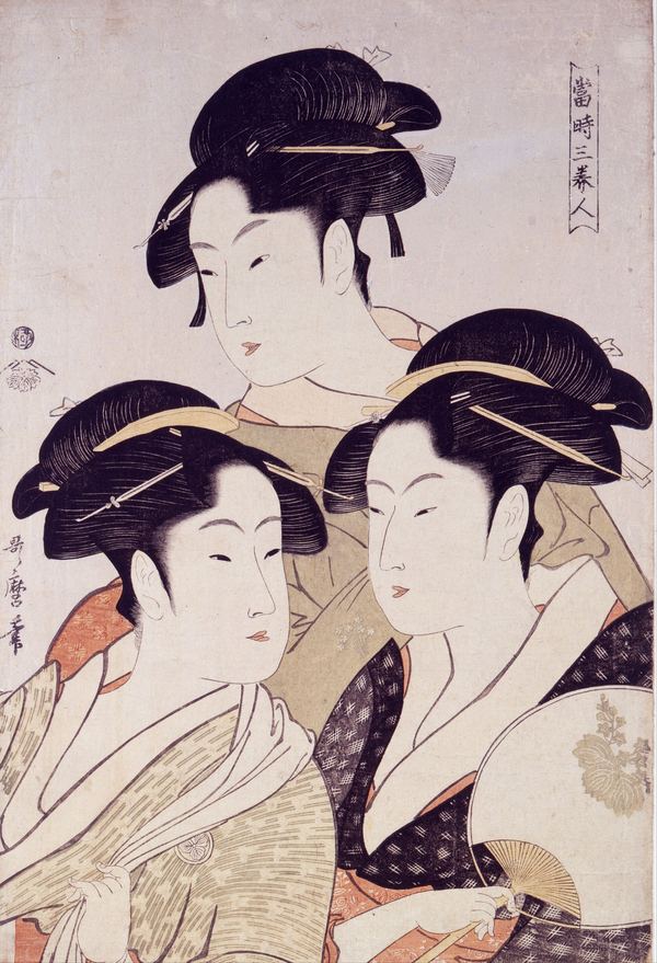 Utamaro, Three Beauties of the Present Day: three women's heads stacked in a pyramid against an empty ground.